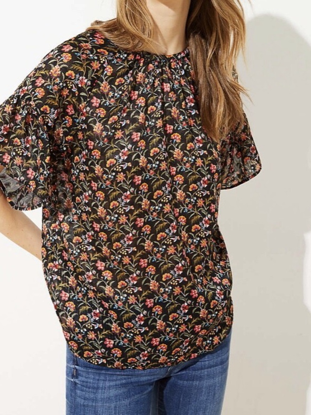 Women's LOFT Black Floral Print Flutter Sleeve Blouse L
